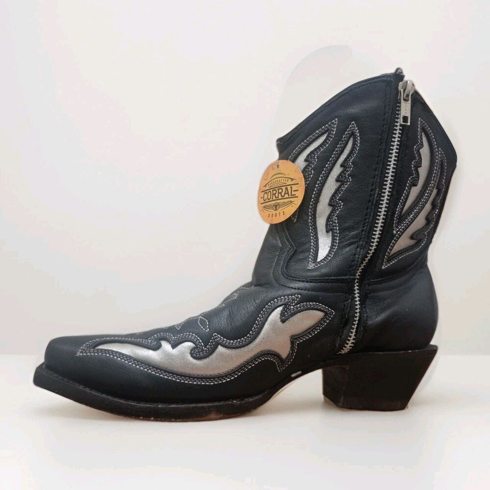 New Corral F1361 Women's Black White Leather Inlay Western Booties Size 7.5M